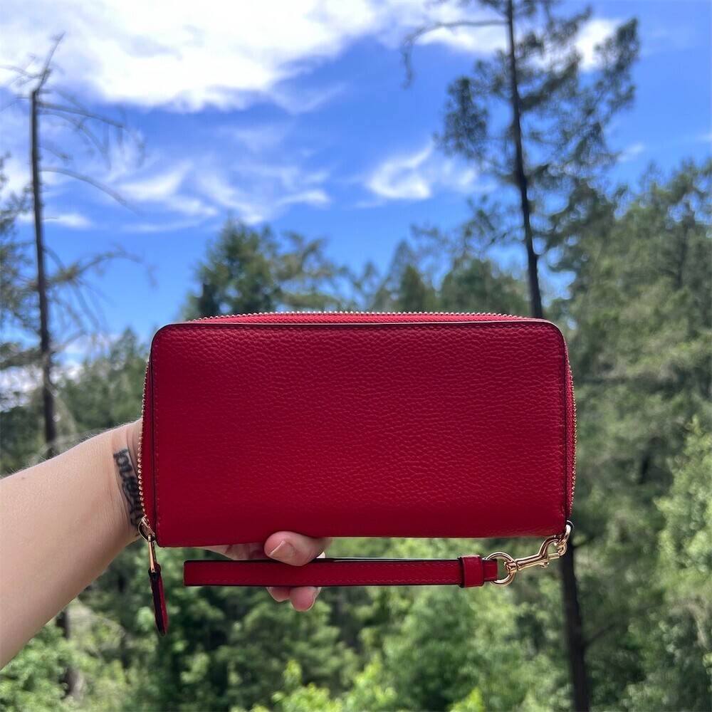 COACH Long Zip-Around RED Pebble Leather Wallet Gold Hardware with Wrist-Strap - Picture 2 of 16